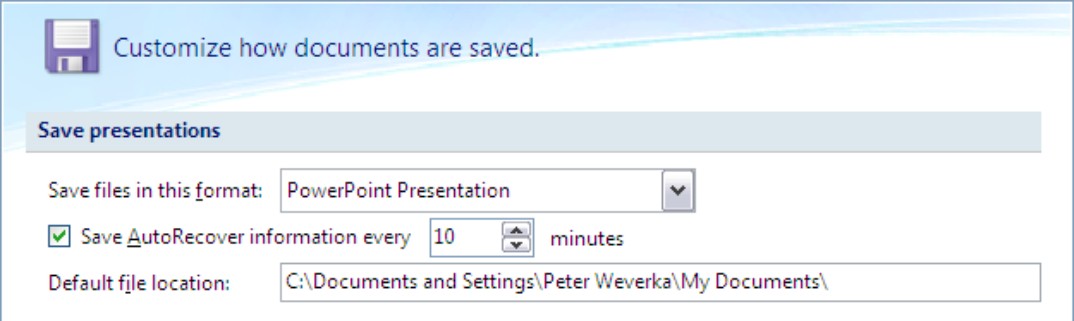 Figure 2-4: The Save options in the PowerPoint Options dialog box.